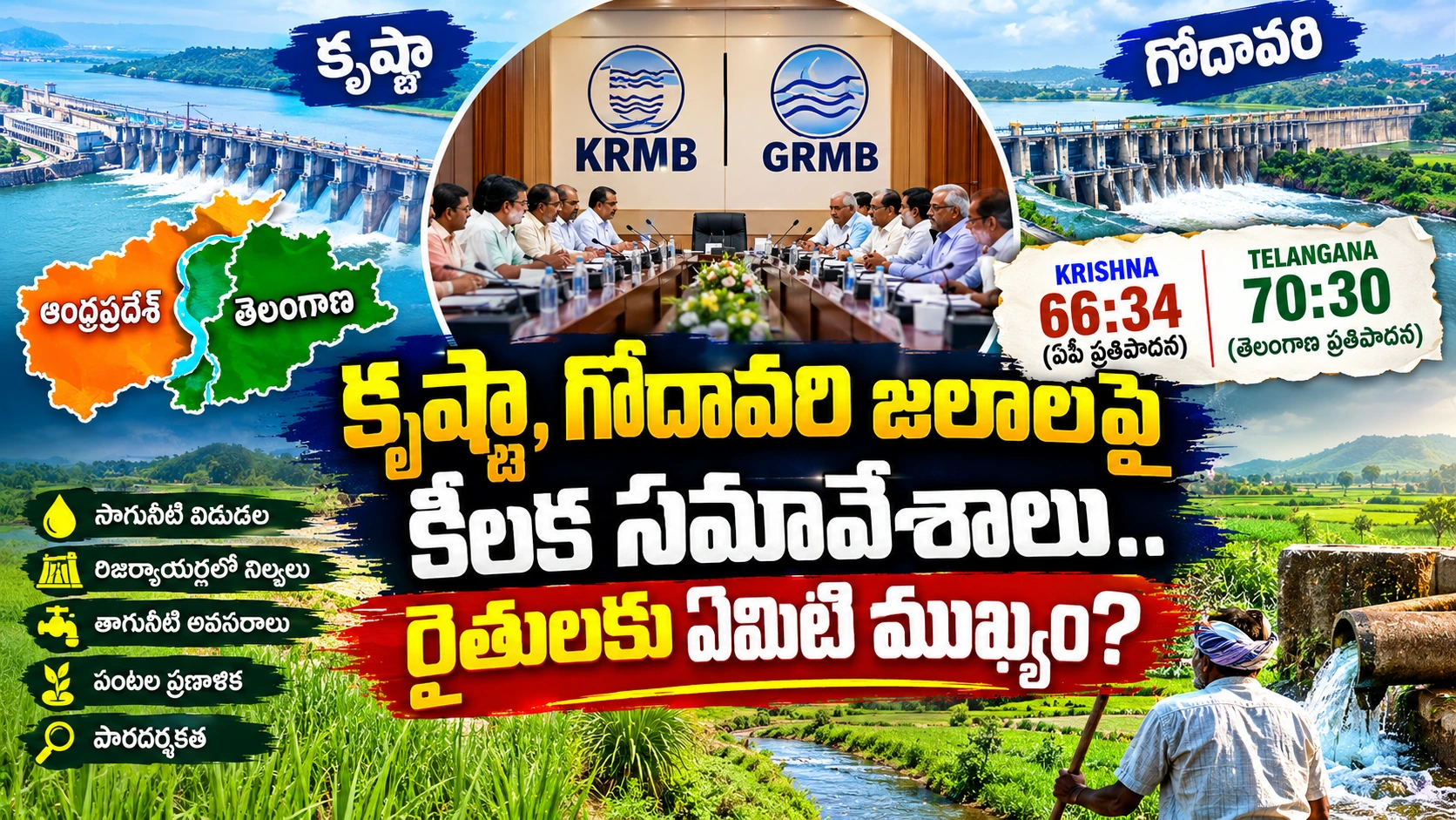 # కృష్ణా, గోదావరి జలాలపై కీలక సమావేశాలు.. రైతులకు ఏమిటి ముఖ్యం? **అమరావతి / హైదరాబాద్:** తెలుగు రాష్ట్రాల మధ్య కృష్ణా, గోదావరి నదీ జలాల పంపిణీ అంశం మరోసారి ప్రాధాన్యం సంతరించుకుంది. ఆంధ్రప్రదేశ్, తెలంగాణ మధ్య నీటి వినియోగం, రిజర్వాయర్ల నిర్వహణ, సాగునీటి అవసరాలపై చర్చించేందుకు కృష్ణా నదీ యాజమాన్య బోర్డు (KRMB), గోదావరి నదీ యాజమాన్య బోర్డు (GRMB) సమావేశాలు కీలకంగా మారాయి. అక్టోబర్ 26న KRMB, అక్టోబర్ 30న GRMB సమావేశాలు నిర్వహించనున్నట్లు అక్టోబర్ 21న వెలువడిన నివేదికలు తెలిపాయి. ## కృష్ణా జలాల పంపిణీపై ఏపీ, తెలంగాణ మధ్య భిన్న అభిప్రాయాలు కృష్ణా నది నీటిని ఏ నిష్పత్తిలో పంచుకోవాలనే అంశంపై రెండు రాష్ట్రాల మధ్య భిన్న అభిప్రాయాలు కొనసాగుతున్నాయి. ఆంధ్రప్రదేశ్ 66:34 నిష్పత్తిని కోరుతుండగా, తెలంగాణ 70:30 నిష్పత్తిని ప్రతిపాదిస్తున్నట్లు తాజా నివేదికలు పేర్కొన్నాయి. అయితే సెప్టెంబర్‌లో జరిగిన చర్చల్లోనూ ఏకాభిప్రాయం కుదరలేదని వార్తలు వెల్లడించాయి. శ్రీశైలం, నాగార్జునసాగర్ వంటి ఉమ్మడి ప్రాజెక్టుల నీటి వినియోగం, నీటి విడుదల, విద్యుత్ ఉత్పత్తి అవసరాలు, ప్రాజెక్టుల నిర్వహణ వంటి అంశాలు కూడా చర్చకు వచ్చే అవకాశముంది. ఈ అంశాలపై బోర్డు తీసుకునే నిర్ణయాలు రెండు రాష్ట్రాల నీటి నిర్వహణపై ప్రభావం చూపవచ్చు. ## గోదావరి జలాలపై ఏ అంశాలు చర్చకు రావచ్చు? గోదావరి నదికి సంబంధించిన ప్రాజెక్టుల నిర్వహణతో పాటు పోలవరం ప్రాజెక్టు బ్యాక్‌వాటర్ ప్రభావంపై తెలంగాణ లేవనెత్తిన ఆందోళనలు GRMB సమావేశంలో చర్చకు వచ్చే అవకాశం ఉంది. ఈ అంశాలపై తుది నిర్ణయాలు లేదా అధికారిక ప్రకటనలు వెలువడితేనే ప్రభావం ఎంతవరకు ఉంటుందో స్పష్టత వస్తుంది. ## రైతులకు ఎందుకు ముఖ్యం? కృష్ణా, గోదావరి జలాలపై జరిగే చర్చలు కేవలం రెండు రాష్ట్రాల మధ్య పరిపాలనా అంశం మాత్రమే కాదు. సాగునీటిపై ఆధారపడే రైతులకు కూడా ఇవి కీలకం. - **సాగునీటి విడుదల:** పంటలకు అవసరమైన సమయంలో నీరు అందుతుందా లేదా అన్నది రైతులకు ప్రధాన అంశం. - **రిజర్వాయర్లలో నీటి నిల్వలు:** వర్షపాతం, వరద ప్రవాహాలు, ప్రస్తుత నిల్వలను బట్టి నీటి వినియోగంపై నిర్ణయాలు తీసుకోవాల్సి ఉంటుంది. - **తాగునీటికి ప్రాధాన్యం:** నీటి కొరత ఉన్నప్పుడు తాగునీటి అవసరాలను కాపాడుతూ సాగునీటిని సమర్థంగా నిర్వహించడం ముఖ్యం. - **పంటల ప్రణాళిక:** నీటి లభ్యతపై స్పష్టత ఉంటే రైతులు పంటల ఎంపిక, విత్తనాల కొనుగోలు, సాగు ఖర్చుల విషయంలో మెరుగైన నిర్ణయాలు తీసుకోవచ్చు. - **నీటి వినియోగంలో పారదర్శకత:** టెలిమెట్రీ పరికరాల ద్వారా నీటి ప్రవాహం, వినియోగాన్ని కొలవడం వివాదాల పరిష్కారానికి ఉపయోగపడవచ్చు. ## వర్షాభావ పరిస్థితుల్లో నీటి నిర్వహణ కీలకం తక్కువ వర్షపాతం, రిజర్వాయర్లలోకి తగ్గిన నీటి ప్రవాహాలు వంటి పరిస్థితులు నీటి నిర్వహణను మరింత కీలకంగా మారుస్తున్నాయని తాజా నివేదికలు పేర్కొన్నాయి. ఇలాంటి సమయంలో అందుబాటులో ఉన్న నీటిని తాగునీరు, సాగునీరు, విద్యుత్ అవసరాల మధ్య సమతుల్యంగా వినియోగించడం అవసరం. ## సమావేశాలపై రైతుల దృష్టి కృష్ణా, గోదావరి జలాలపై జరిగే సమావేశాల్లో చర్చలు మాత్రమే కాకుండా, నీటి విడుదలకు సంబంధించిన స్పష్టమైన కార్యాచరణ, రిజర్వాయర్ల నిర్వహణ, నీటి వినియోగాన్ని పర్యవేక్షించే వ్యవస్థలపై తీసుకునే నిర్ణయాలు కూడా ముఖ్యం. బోర్డుల అధికారిక ప్రకటనలు వెలువడిన తర్వాతే రైతులకు లభించే ప్రయోజనాలు, అమలు చేయబోయే చర్యలపై స్పష్టత ఏర్పడుతుంది. **ముఖ్యంగా:** నీటి పంపిణీపై చర్చలు ఏ దిశగా సాగుతాయి? సాగునీటి అవసరాలకు ప్రాధాన్యం దక్కుతుందా? అనే అంశాలపై తెలుగు రాష్ట్రాల రైతులు ఆసక్తిగా ఎదురుచూస్తున్నారు.